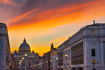 Orange Sunset Street Lights Saint Peter's Basilica Vatican Rome Italy