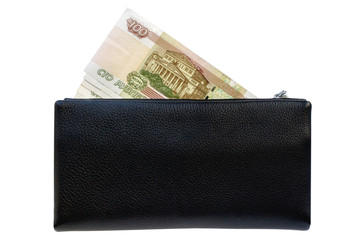 Russian money rubles, black purse bag, white background isolated