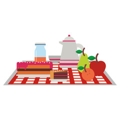 Picnic basket with food products flat