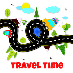 Travel Time concept. Illustration with the cut road, cars, trees, mountains on the white background. Paper art design. Vector.