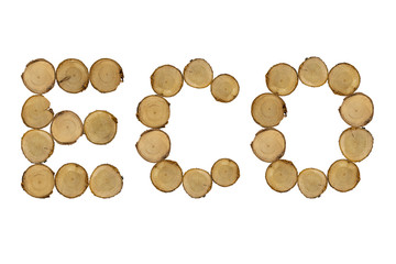 Wooden stumps, text word eco, white background isolated