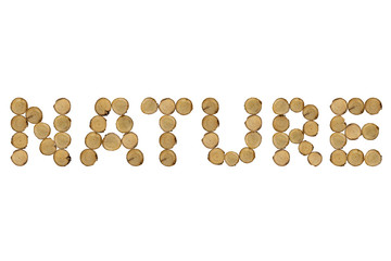 Wooden stumps, text word nature, white background isolated