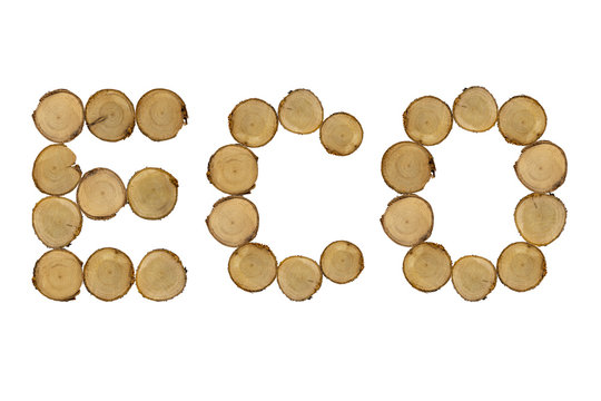 Wooden stumps, text word eco, white background isolated