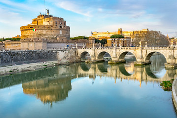 Castel Ponte Saint Angelo Tiber River Reflection Evening Rome Italy