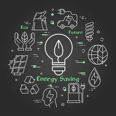 Vector black linear banner of energy saving bulb