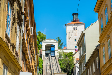 Funicular and medieval Lotrscak tower in Zagreb, Croatia, tourist attractions and popular site