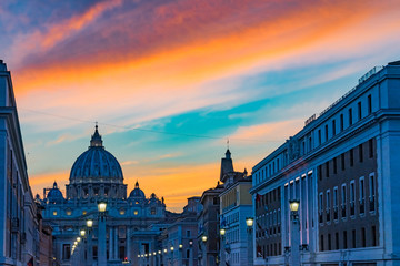 Orange Sunset Street Lights Saint Peter's Basilica Vatican Rome Italy