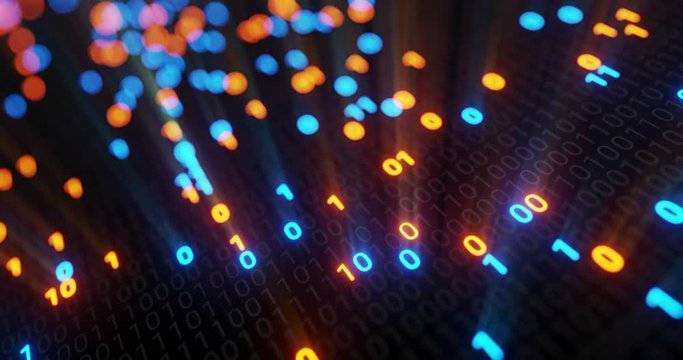 Abstract seamless blue orange digital binary code matrix background VJ loop with flare. Futuristic Big data information technology, data center, block chain, server, internet, hi-speed. 3D render