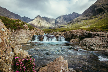 Fototapeta na wymiar Beautiful waterfalls scenery on the Isle of Skye, Scotland: The Fairy Pools, Glen Brittle, Scotland