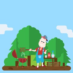 Cheerful man cooks a barbecue on the grill. Cartoon Vector Illustration