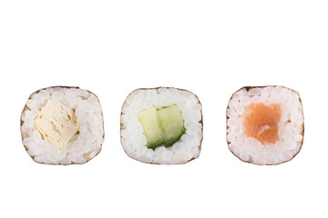 Sushi rolls isolated on white background. Collection. Close-up of delicious japanese food with sushi roll.