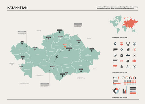 Vector map of Kazakhstan. High detailed country map with division, cities and capital Astana. Political map,  world map, infographic elements.