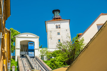 Funicular and medieval Lotrscak tower in Zagreb, Croatia, tourist attractions and popular site