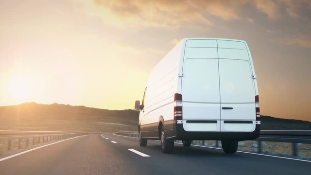 The camera follows a white delivery van driving on a desert highway into the sunset, low angle rear view. Realistic high quality 3d animation.
