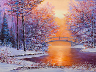 White bridge over the river, winter landscape