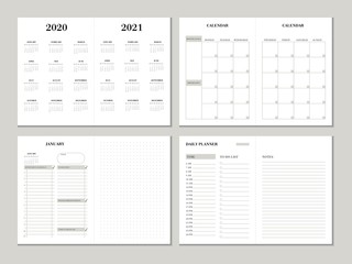 Planner design template for 2020 2021 year. Weekly and monthly planner design with checklist, to do list and dotted paper. Printable vector business planner concept. - obrazy, fototapety, plakaty