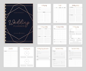 Chic Wedding planer organizer with checklist, wish list, party time etc. Floral diary design for wedding organisation. Vector wedding planer.