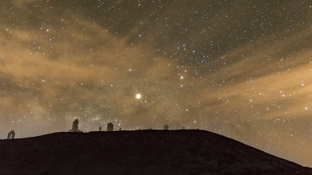 Milky Way, Jupiter, Moon and Venus coming up behind the Observatory of Tenerife