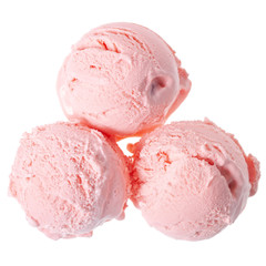 top view of three pink berry scoop of sundae ice cream isolated on white background