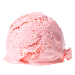 pink strawberry scoop of sundae ice cream isolated on white background, close up
