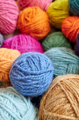 Picture of colorful wool yarn balls, selective focus.