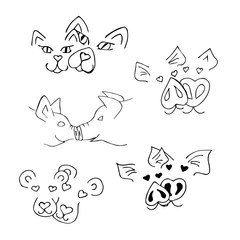 A set with muzzles of animals. Line drawing.
