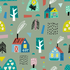 Cute seamless pattern with village and forest. Europe nature landscape concept. Perfect for kids fabric, textile, nursery wallpaper. Seamless landscape.