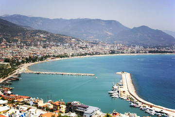 Alanya port, Famous tourist destination with high mountains. Part of ancient old Castle