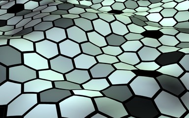 Honeycomb with a gradient color. Perspective view on polygon look like honeycomb. Wavy surface. Isometric geometry. 3D illustration