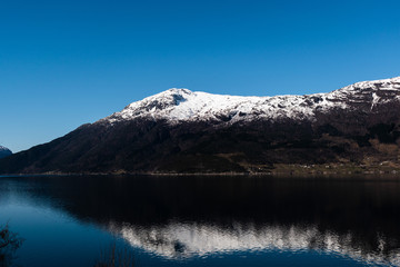 mountains reflected on lake