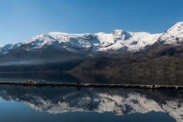 mountains reflected on lake