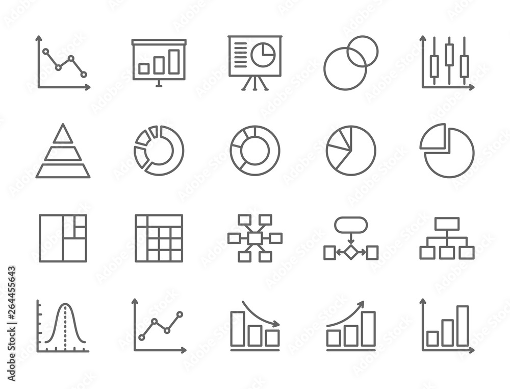 Aufkleber set of graph and chart line icons. pie chart, statistics, presentation and more.