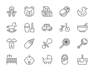 Set of Baby and Childhood Line Icons. Toys, Bicycle, Nipple, Stroller and more.