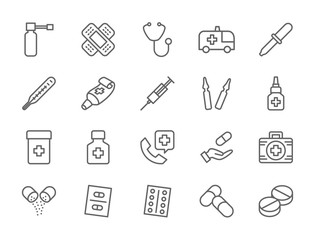 Set of Pharmacy and Medications Line Icons. Ambulance Car, Stethoscope and more.