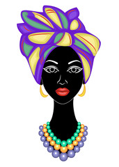 The head of a nice lady. On the head of an African American girl hung a bright handkerchief, turban. The woman is beautiful and stylish. Vector illustration.