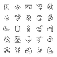 Beekeeping, icon set. Production of honey, beekeeping equipment. Apiary, apiculture, linear icons. Line with editable stroke