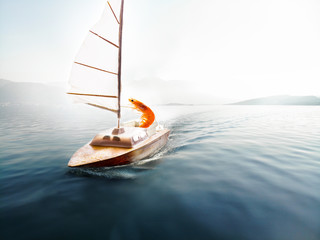 shrimp drives a sail on a yacht in a beautiful seascape