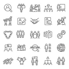 Human resource, icon set. Job hunting and employee search. Interview and recruitment, linear icons. team work, business people. Line with editable stroke. - obrazy, fototapety, plakaty