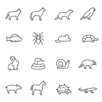 Pets, icon set. Home animals, linear icons. Line with editable stroke