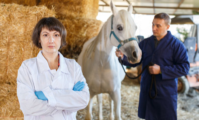 Female veterinarian at horse stable