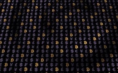 Fototapeta premium Bitcoin and currency on a dark background. Digital crypto currency symbol. Wave effect, currency market fluctuations. Business concept. 3D illustration