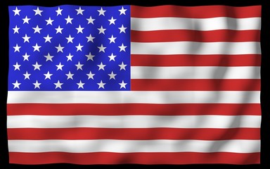 Fototapeta premium Macha flagą Stanów Zjednoczonych Ameryki na ciemnym tle. Gwiazdy i paski. Symbol stanu USA. Ilustracja 3D