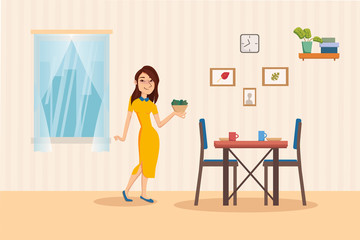 Dining room interior with dinner table, chairs, window with cityscape. Woman holding salad bowl. Flat cartoon style vector illustration