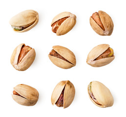 Set pistachios close up on a white. The form of the top.