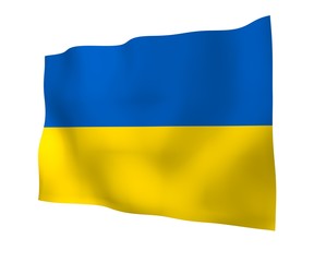 The flag of Ukraine on a white background. National flag and state ensign. Blue and yellow bicolour. 3D illustration waving flag
