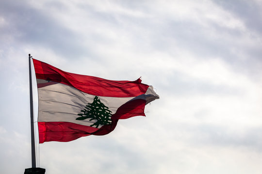 The Lebanese Flag Flying Over Beirut, Lebanon In Spring