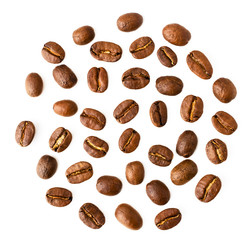 Coffee beans closeup on a white, isolated. The form of the top.
