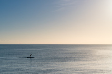 silhouette of paddle boarder on the sea at sunset