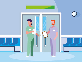 male medicine workers in elevator door