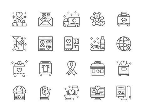 Set of Charity and Donation Line Icons. Volunteering, First Aid Kit and more.